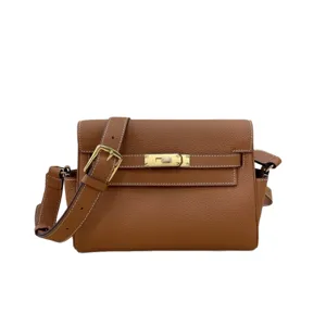 Genuine leather Kelly messenger bag for women, stylish brown shoulder crossbody bag with gold lock.