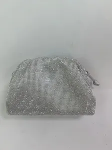 Silver rhinestone evening clutch bag, sparkling crystal pleated cloud pouch detail.