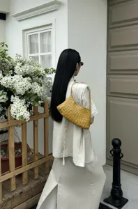 Yellow woven leather shoulder bag chic intrecciato underarm handbag for women casual daily