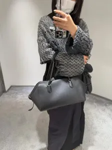 Black leather bowling bag minimalist top handle tote bag for women daily commute