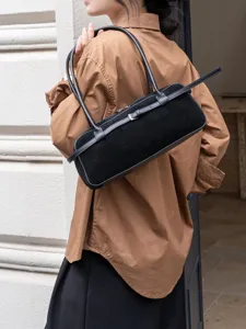 Retro suede baguette shoulder bag for women, genuine leather autumn fashion casual handbag.
