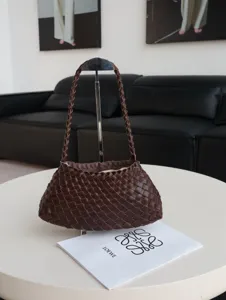 Dark brown woven leather shoulder bag, handmade dumpling purse, vintage casual underarm bag.
