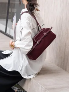 Retro suede baguette shoulder bag for women, luxury dark red Boston handbag stylish.