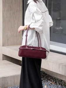 Retro suede boston shoulder bag, autumn winter fashion genuine leather baguette handbag for women.