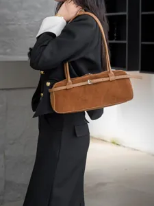 Retro brown suede shoulder bag for women, elegant minimalist baguette handbag for autumn winter.