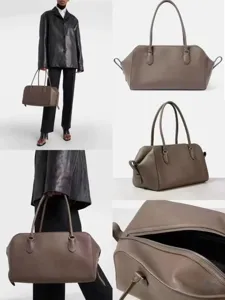 Minimalist taupe leather bowling bag tote, large capacity commuter shoulder bag for women.