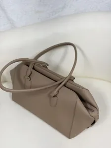 Taupe leather bowling bag minimalist large capacity tote commuter shoulder bag women