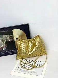 Gold woven leather shoulder bag chic intrecciato pouch crossbody casual handbag