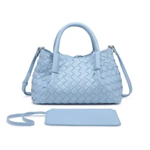 Light blue woven leather handbag detailed view, showcasing premium craftsmanship, elegant style for women.