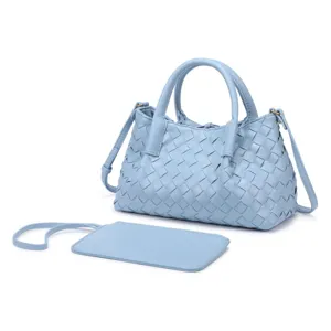 Light blue woven leather handbag detail showing intricate intrecciato pattern and strap.