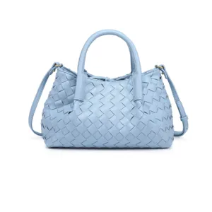 Blue woven leather tote bag for women, stylish double handle handbag with shoulder strap.
