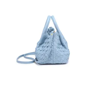Detailed view of light blue woven leather handbag, showcasing intricate intrecciato texture.