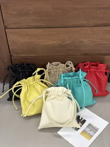 Women top layer cowhide leather drawstring pouch bag casual minimalist cloud bucket handbag