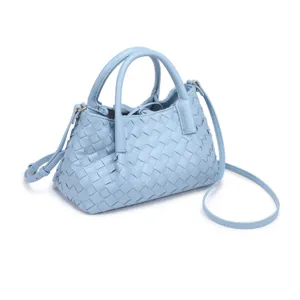 Detailed view of a light blue woven leather handbag with dual top handles and strap.