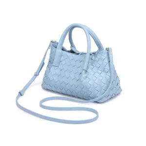 Light blue woven leather tote bag with double handles and shoulder strap for women.