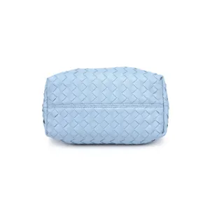 Woven leather handbag detail, light blue tote bag texture, stylish daily commuter purse
