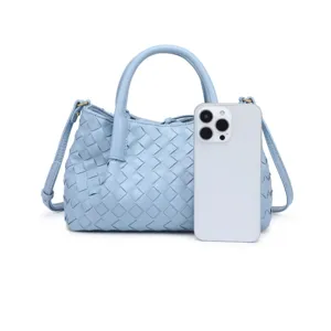 Light blue woven leather handbag, stylish intrecciato design with dual handles and straps.