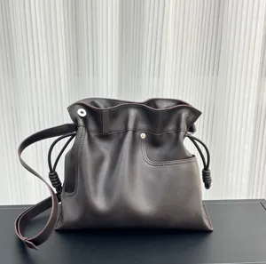 Bolso Balde con Cordón de Cuero Auténtico para Mujeres Bolso Bandolera de Cuero Suave Moda Cloud Pouch Bolso