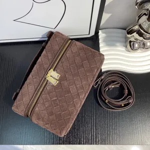 Brown suede woven lunch box crossbody bag, vintage style shoulder bag with zipper.