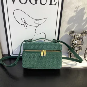 Green suede woven vanity bag for women, luxury style hand-woven crossbody shoulder bag.