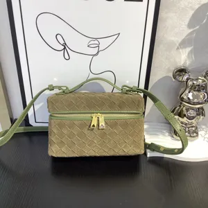Green suede woven box bag for women shoulder crossbody with stylish metallic zipper design