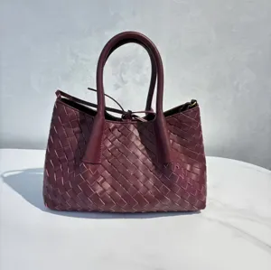 Burgundy woven leather tote bag large capacity shoulder handbag for women stylish daily use