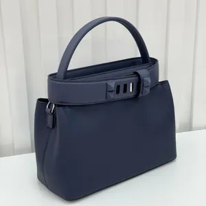 Elegant dark blue leather top handle handbag women luxury retro shoulder crossbody tote bag.