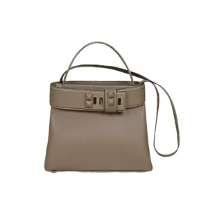Taupe leather top handle handbag with metal pyramid studs vintage shoulder crossbody bag for women