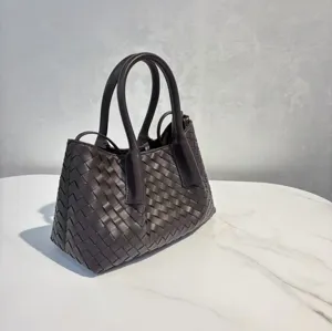 Dark brown leather woven handbag, elegant tote bag for women, large capacity shoulder bag.