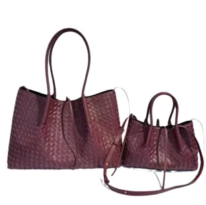 Burgundy woven leather tote bag set, large capacity genuine leather shoulder handbag for women.