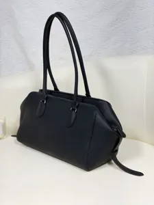 Minimalist black leather bowling bag for women, top grain cowhide commuter shoulder tote bag