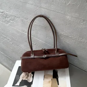 Vintage Genuine Leather Baguette Bag Women Suede Boston Handbag Casual Chic Underarm Shoulder Bag Chic Commuter Purse