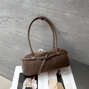 Retro brown suede baguette bag, chic leather shoulder handbag, autumn fashion boston bag.