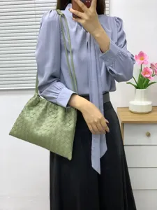 Green woven leather shoulder bag casual style soft clutch bag large capacity stylish daily use