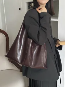 Minimalist Large Capacity Genuine Leather Tote Bag Women Soft Oil Wax Leather Shoulder Bag Casual Commuter Handbag