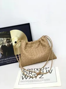 Woven Leather Shoulder Bag Casual Drawstring Pouch Large Capacity Crossbody Bag Khaki