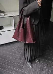 Minimalist burgundy slouchy leather tote bag, large capacity chic shoulder hobo bag for women.