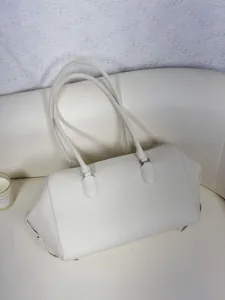 Minimalist white genuine leather bowling bag, large capacity shoulder tote for women.