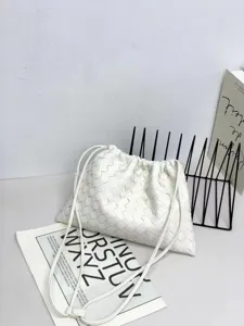White woven leather crossbody shoulder drawstring cloud bag casual large capacity purse