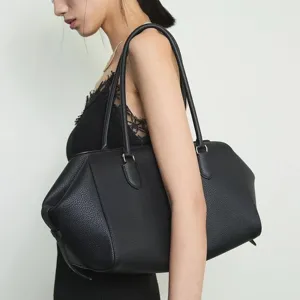 Minimalist black genuine leather bowling bag large capacity commuter tote shoulder bag for women