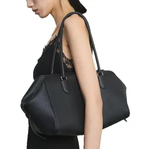Minimalist black genuine leather bowling bag, large capacity tote for women commuter daily use.