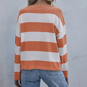 Back view of a casual loose-fitting orange and white horizontal striped knit sweater
