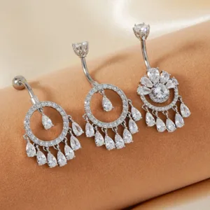 Edelstahl Zirkonia Bauchnabelpiercing Ring Sexy Rund Quaste Wassertropfen Anhänger Bauchnabelring Körperschmuck Damen