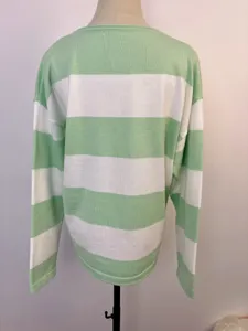 Detailed back view of a casual loose knit sweater featuring wide green and white stripes