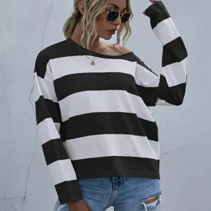 Casual loose fit black and white striped long sleeve knit sweater pullover for women