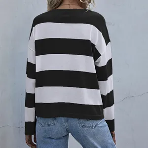 Back view of a women's casual loose long sleeve striped knit sweater with round neck