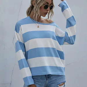 Women Casual Polyester Striped Sweater Loose Colorblock Crewneck Pullover Long Sleeve Spliced Knit Top For Fall Winter Everyday Comfort