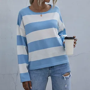 Blue and white striped knit sweater for women featuring a casual loose fit design