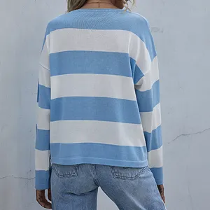 Back view of a casual loose knit sweater featuring blue and white horizontal stripes.