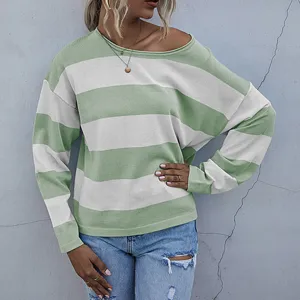 Close-up detail of a casual loose-fit green and white striped knit sweater with round neck.